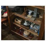 Vintage American Renaissance-style Oak Wood Curio Cabinet Open Bookcase with Ornate Mirrored Top Shelf 5-shelf