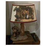 Vintage 19" Lumberjack theme German Carved Wood Table Lamp with Lamp Shade featuring print of The Night Watch by Rembrandt