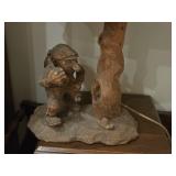 Vintage 19" Lumberjack theme German Carved Wood Table Lamp with Lamp Shade featuring print of The Night Watch by Rembrandt