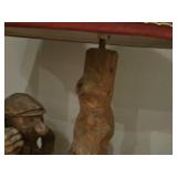 Vintage 19" Lumberjack theme German Carved Wood Table Lamp with Lamp Shade featuring print of The Night Watch by Rembrandt