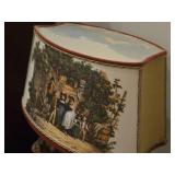 Vintage 19" Lumberjack theme German Carved Wood Table Lamp with Lamp Shade featuring print of The Night Watch by Rembrandt