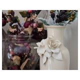 Lot of (2) Table Vase with Faux Plant - White Rose, Clear Glass