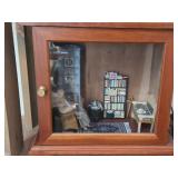 Miniature Doll House Scale Replica Lighted Display in Wood Mantle Case - Woman in Library