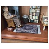 Miniature Doll House Scale Replica Lighted Display in Wood Mantle Case - Woman in Library