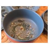 Vintage Norwegian Rosemaling Wooden Plate and Bowl Set of 4 - 12" Plate, 9" Bowl (x2), 8"Dx7" Bowl with Lid