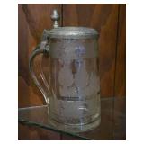 Vintage 6" Glass German Beer Stein with Pewter Lid (likely engraved from 18th to 19th century)