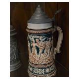 Vintage 10" Ceramic German Beer Stein with Pewter Lid and relief image of Gambrinus