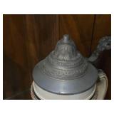 Vintage 10" Ceramic German Beer Stein with Pewter Lid and relief image of Gambrinus