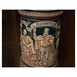 Vintage 10" Ceramic German Beer Stein with Pewter Lid and relief image of Gambrinus