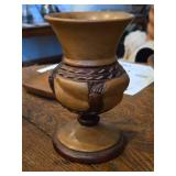 7" Hand Carved Wooden Vase with Pedestal Base