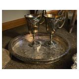 Vintage 12" Silverplated Serving Tray - Spring Flower by William Rogers & Sons with (2) Baroque Silverplated Water Goblets by Wallace