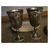 Vintage 12" Silverplated Serving Tray - Spring Flower by William Rogers & Sons with (2) Baroque Silverplated Water Goblets by Wallace