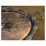 Vintage Silverplated Oval Serving Tray with Handles and Ornate Etched Scroll and Floral Pattern 26" x 16"