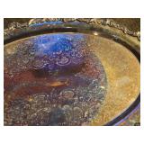 Vintage Silverplated Oval Serving Tray with Handles and Ornate Etched Scroll and Floral Pattern 25" x 16"
