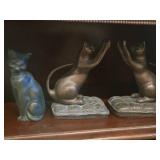Vintage (2) SPI Solid Brass Curious Cat Bookends on cushion and (1) Brass Cat Figurine