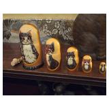 (5) Handmade Cat Matryoshka Russian Nesting Dolls and (1) Cat Wine Topper
