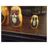 (5) Handmade Cat Matryoshka Russian Nesting Dolls and (1) Cat Wine Topper