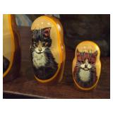 (5) Handmade Cat Matryoshka Russian Nesting Dolls and (1) Cat Wine Topper
