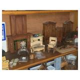 Lot of  Miniature Doll House Accessories - Fireplace, Various Kitchen Buffets, Bench, Tables, Baby Carriage, Musical Instruments, Drum Kit and Horns Under Glass Dome