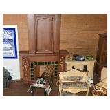 Lot of  Miniature Doll House Accessories - Fireplace, Various Kitchen Buffets, Bench, Tables, Baby Carriage, Musical Instruments, Drum Kit and Horns Under Glass Dome