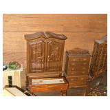 Lot of  Miniature Doll House Accessories - Fireplace, Various Kitchen Buffets, Bench, Tables, Baby Carriage, Musical Instruments, Drum Kit and Horns Under Glass Dome