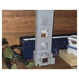 Lot of  Miniature Doll House Accessories - Corner Brick Fireplace, Vintage Spinning Wheel, Tile Stove / Ovne, Dining Chair, Spade and Hoe, Buffet, Wall Clocks, Musical Instruments Under Glass Dome