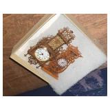 Lot of  Miniature Doll House Accessories - Corner Brick Fireplace, Vintage Spinning Wheel, Tile Stove / Ovne, Dining Chair, Spade and Hoe, Buffet, Wall Clocks, Musical Instruments Under Glass Dome