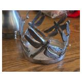 (1) Pewter Sugar Bowl 6", (1) Dragon Fly theme Metal Candle Holder 5"D, (1) Silverplate Wine Bottle Coaster with Pierced Gallery Edge and Engraved Floral Design 4"