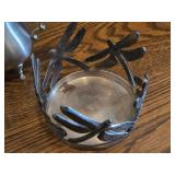(1) Pewter Sugar Bowl 6", (1) Dragon Fly theme Metal Candle Holder 5"D, (1) Silverplate Wine Bottle Coaster with Pierced Gallery Edge and Engraved Floral Design 4"