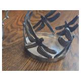 (1) Pewter Sugar Bowl 6", (1) Dragon Fly theme Metal Candle Holder 5"D, (1) Silverplate Wine Bottle Coaster with Pierced Gallery Edge and Engraved Floral Design 4"