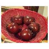 Hand Turned Solid Hardwood Red Painted Apple Décor Set of 5 with Red Wicker Basket