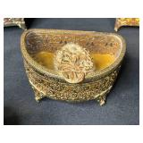 Set of 5 Vintage Ornate Brass and Glass Jewelry Trinket Boxes