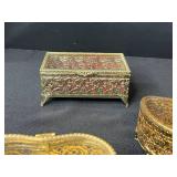 Set of 5 Vintage Ornate Brass and Glass Jewelry Trinket Boxes