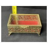 Set of 5 Vintage Ornate Brass and Glass Jewelry Trinket Boxes