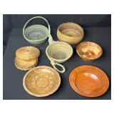 Collection of 7 Handcrafted Wooden and Woven Decorative Bowls and Baskets