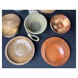 Collection of 7 Handcrafted Wooden and Woven Decorative Bowls and Baskets