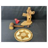 Mixed Decorative Lot: Driftwood Cross, Vintage Mallet, Animal Hide Plate, Red Resin Sculpture, Mini Foo Lion