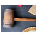 Mixed Decorative Lot: Driftwood Cross, Vintage Mallet, Animal Hide Plate, Red Resin Sculpture, Mini Foo Lion