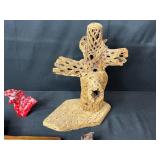 Mixed Decorative Lot: Driftwood Cross, Vintage Mallet, Animal Hide Plate, Red Resin Sculpture, Mini Foo Lion
