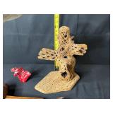 Mixed Decorative Lot: Driftwood Cross, Vintage Mallet, Animal Hide Plate, Red Resin Sculpture, Mini Foo Lion