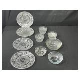 Set of Vintage Pressed Glass Plates and Bowls with Floral Pattern