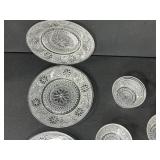 Set of Vintage Pressed Glass Plates and Bowls with Floral Pattern