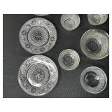 Set of Vintage Pressed Glass Plates and Bowls with Floral Pattern