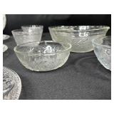 Set of Vintage Pressed Glass Plates and Bowls with Floral Pattern