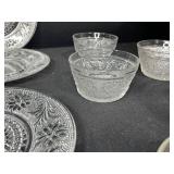 Set of Vintage Pressed Glass Plates and Bowls with Floral Pattern