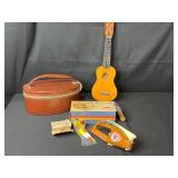 Vintage Aloha Nui Ukulele (needs tuning), Hat Box, and Pocket Fisherman with Accessories