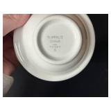 Collection of Airline China, Buffalo China Bowls, Vintage Root Beer Sign, Apple Jar, and Wooden Wall Shelves