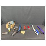 Assorted Hand Tools and Brushes with Box of Brass Fasteners
