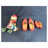 Decorative Red Wooden Dutch Shoes and Holiday Felt Stocking Set