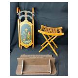 Vintage Wooden Sled, Folding Stool, and Carved Wall Shelf Trio
